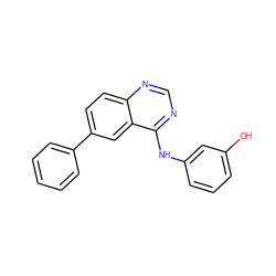 Oc1cccc(Nc2ncnc3ccc(-c4ccccc4)cc23)c1 ZINC000143172550