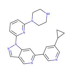 c1cc(N2CCNCC2)nc(-n2ncc3cnc(-c4cncc(C5CC5)c4)cc32)c1 ZINC000211034067