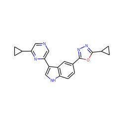 c1cc2[nH]cc(-c3cncc(C4CC4)n3)c2cc1-c1nnc(C2CC2)o1 ZINC000204776276