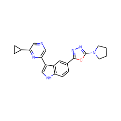 c1cc2[nH]cc(-c3cncc(C4CC4)n3)c2cc1-c1nnc(N2CCCC2)o1 ZINC000145432023