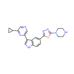 c1cc2[nH]cc(-c3cncc(C4CC4)n3)c2cc1-c1nnc(N2CCNCC2)o1 ZINC000145436937