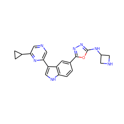 c1cc2[nH]cc(-c3cncc(C4CC4)n3)c2cc1-c1nnc(NC2CNC2)o1 ZINC000145437387