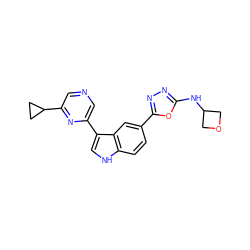 c1cc2[nH]cc(-c3cncc(C4CC4)n3)c2cc1-c1nnc(NC2COC2)o1 ZINC000145437815