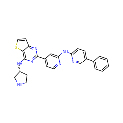 c1ccc(-c2ccc(Nc3cc(-c4nc(N[C@@H]5CCNC5)c5sccc5n4)ccn3)nc2)cc1 ZINC000653664357