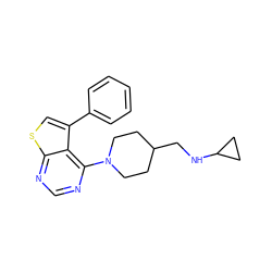 c1ccc(-c2csc3ncnc(N4CCC(CNC5CC5)CC4)c23)cc1 ZINC000223013595