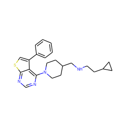 c1ccc(-c2csc3ncnc(N4CCC(CNCCC5CC5)CC4)c23)cc1 ZINC000653767504