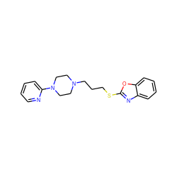 c1ccc(N2CCN(CCCSc3nc4ccccc4o3)CC2)nc1 ZINC000040916606