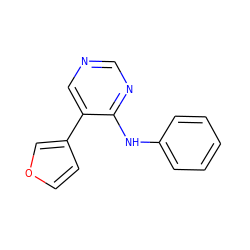 c1ccc(Nc2ncncc2-c2ccoc2)cc1 ZINC000004258321