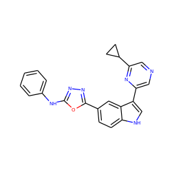 c1ccc(Nc2nnc(-c3ccc4[nH]cc(-c5cncc(C6CC6)n5)c4c3)o2)cc1 ZINC000204774188