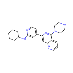 c1cnc2cc(-c3ccnc(NC4CCCCC4)c3)nc(N3CCNCC3)c2c1 ZINC000058581844