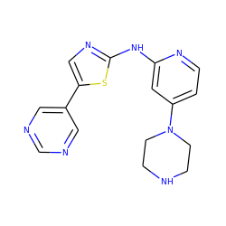 c1ncc(-c2cnc(Nc3cc(N4CCNCC4)ccn3)s2)cn1 ZINC000034836970